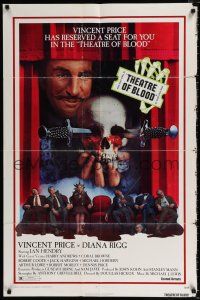 3k880 THEATRE OF BLOOD 1sh '73 great art of Vincent Price holding bloody skull w/dead audience!