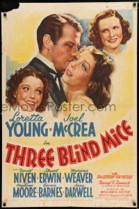 3k888 THREE BLIND MICE style A 1sh '38 Loretta Young wants Joel McCrea as her rich husband!