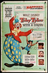 3k901 TOBY TYLER 1sh '60 Walt Disney, art of wacky circus clown, Mister Stubbs w/revolver!