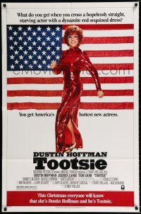 3k906 TOOTSIE advance 1sh '82 full-length Dustin Hoffman in drag by American flag!