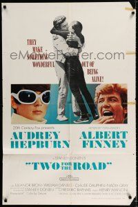 3k922 TWO FOR THE ROAD 1sh '67 Audrey Hepburn & Albert Finney embrace, directed by Stanley Donen!