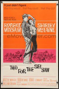 3k923 TWO FOR THE SEESAW 1sh '62 art of Robert Mitchum & sexy beatnik Shirley MacLaine!