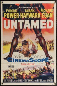 3k934 UNTAMED 1sh '55 cool art of Tyrone Power & Susan Hayward in Africa with native tribe!