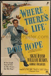 3k969 WHERE THERE'S LIFE style A 1sh '47 wacky art of Bob Hope being chased by angry mob!