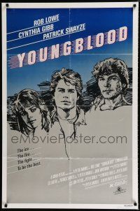 3k996 YOUNGBLOOD 1sh '86 artwork of Rob Lowe, Patrick Swayze & Cynthia Gibb, ice hockey!