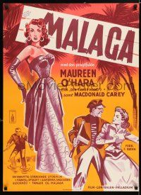3m775 MALAGA Danish '54 different art of Maureen O'Hara, Macdonald Carey!