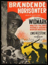 3m783 HALLS OF MONTEZUMA Danish '51 Richard Widmark, art of WWII U.S. Marines charging into battle!