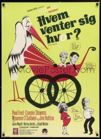 3m814 NEVER TOO LATE Danish '65 Stevenov art of Connie Stevens & Jim Hutton w/stork!