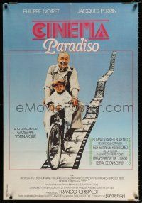 3m161 CINEMA PARADISO Spanish '89 great image of Philippe Noiret & Salvatore Cascio on bike!
