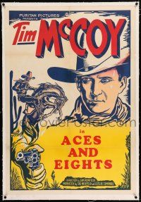 3p403 TIM McCOY linen 1sh '30s different art of Tim McCoy pointing gun & riding horse, Aces & Eights