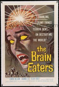 3p032 BRAIN EATERS linen 1sh '58 AIP, classic horror art of girl's brain exploding!