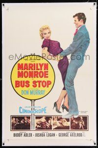 3p044 BUS STOP linen 1sh '56 great full-length art of Don Murray holding sexy Marilyn Monroe!
