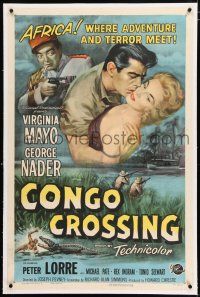 3p066 CONGO CROSSING linen 1sh '56 Peter Lorre pointing gun at Virginia Mayo & George Nader!