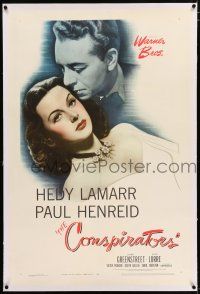 3p067 CONSPIRATORS linen 1sh '44 freedom fighter Paul Henreid falls in love with Hedy Lamarr!