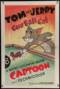 3p071 CUE BALL CAT linen 1sh '50 great art of Jerry on Tom's pool cue about to his the eight ball!