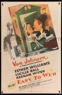 3p092 EASY TO WED linen 1sh '46 great art of Van Johnson & Esther Williams by Jacques Kapralik!