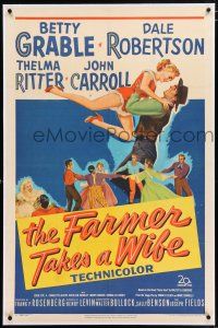 3p099 FARMER TAKES A WIFE linen 1sh '53 artwork of Dale Robertson holding up sexy Betty Grable!