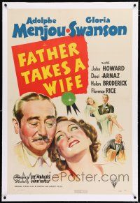 3p100 FATHER TAKES A WIFE linen 1sh '41 great close up art of Gloria Swanson & Adolphe Menjou!