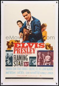 3p106 FLAMING STAR linen style B 1sh '60 Elvis Presley w/ guitar & shirtless, Barbara Eden, Del Rio!