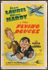3p110 FLYING DEUCES linen 1sh R46 great artwork of Stan Laurel & Oliver Hardy + girl in airplane!