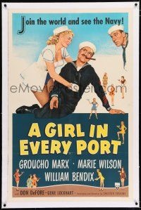 3p122 GIRL IN EVERY PORT linen 1sh '52 artwork of wacky sailor Groucho Marx & sexy Marie Wilson!