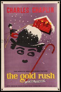 3p127 GOLD RUSH linen 1sh R59 Charlie Chaplin classic, wonderful art by Leo Kouper!