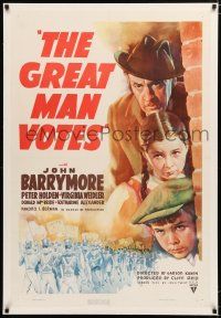 3p137 GREAT MAN VOTES linen 1sh '39 alcoholic John Barrymore is adored because he holds swing vote!