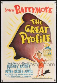 3p139 GREAT PROFILE linen 1sh '40 great cartoon art of John Barrymore's famous profile + as Hamlet!