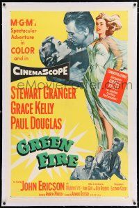 3p140 GREEN FIRE linen 1sh '54 art of beautiful full-length Grace Kelly & Stewart Granger!