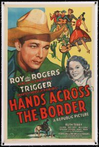 3p143 HANDS ACROSS THE BORDER linen 1sh '43 wonderful artwork of cowboy Roy Rogers & Trigger!