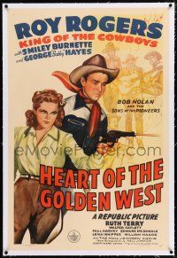 3p153 HEART OF THE GOLDEN WEST linen 1sh '42 art of Roy Rogers, Ruth Terry & Sons of the Pioneers!