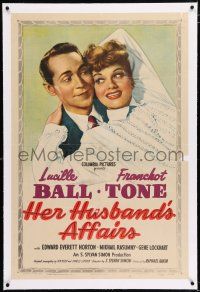 3p159 HER HUSBAND'S AFFAIRS linen 1sh '47 romantic artwork of Lucille Ball & Franchot Tone!