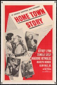 3p166 HOME TOWN STORY linen 1sh '51 sexy Marilyn Monroe as the beautiful secretary is shown!