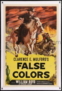 3p168 HOPALONG CASSIDY linen 1sh '48 cool image of William Boyd riding horse, False Colors!