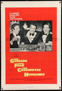 3p170 HUSBANDS linen 1sh '70 Ben Gazzara, Peter Falk & John Cassavetes in tuxedos at bar!
