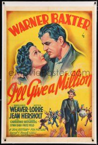 3p174 I'LL GIVE A MILLION linen 1sh '38 romantic art of Warner Baxter & pretty Marjorie Weaver!