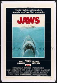 3p184 JAWS linen 1sh '75 Kastel art of Spielberg's classic man-eating shark attacking swimmer!