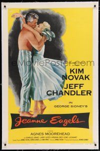 3p185 JEANNE EAGELS linen 1sh '57 best romantic artwork of Kim Novak & Jeff Chandler kissing!