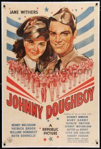 3p188 JOHNNY DOUGHBOY linen 1sh '42 patriotic art of Wilcoxon & pretty Jane Withers in uniform!