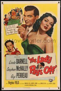 3p202 LADY PAYS OFF linen 1sh '51 sexy Linda Darnell in swimsuit gambles & loses, Stephen McNally!