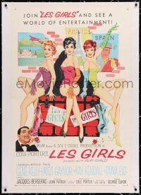 3p213 LES GIRLS linen 1sh '57 Fernie art of Gene Kelly + sexy Mitzi Gaynor, Kay Kendall & Taina Elg