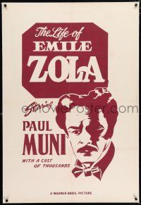 3p215 LIFE OF EMILE ZOLA linen 1sh '37 William Dieterle directed, different c/u art of Paul Muni!