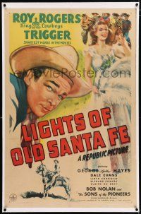 3p216 LIGHTS OF OLD SANTA FE linen 1sh '44 art of Roy Rogers & Trigger + full-length Dale Evans!