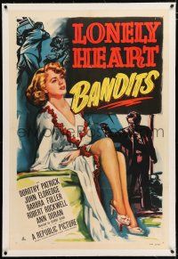 3p223 LONELY HEART BANDITS linen 1sh '50 full-length art of sexy Dorothy Patrick showing her legs!