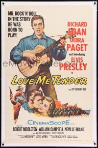 3p227 LOVE ME TENDER linen 1sh '56 1st Elvis Presley, artwork with Debra Paget & playing guitar!