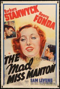 3p230 MAD MISS MANTON linen 1sh '38 Fonda, Barbara Stanwyck & society friends try to solve a murder!