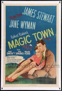 3p233 MAGIC TOWN linen 1sh '47 romantic close up of pollster James Stewart & pretty Jane Wyman!