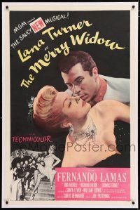 3p242 MERRY WIDOW linen 1sh '52 great romantic close up of sexy Lana Turner & Fernando Lamas!