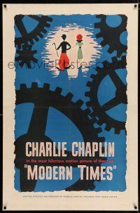 3p246 MODERN TIMES linen 1sh R59 great Henry Cerutti artwork of Charlie Chaplin & Goddard with gears!