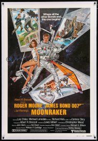 3p251 MOONRAKER linen style B int'l 1sh '79 art of Roger Moore as Bond in space by Goozee!